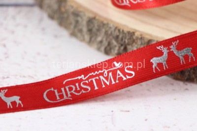 Taśma satynowa MERRY CHRISTMAS 25 mm WRENL25  red/silver