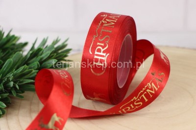 Taśma satynowa MERRY CHRISTMAS 25 mm WRENL25  red/gold