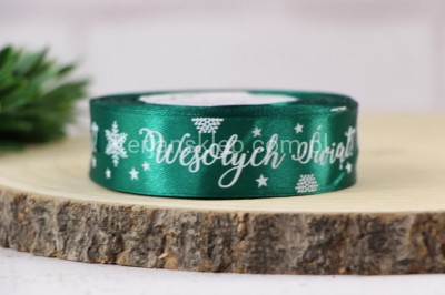 Taśma satynowa Wesołych Świąt 25 mm x 22 mb  c.zieleń 089