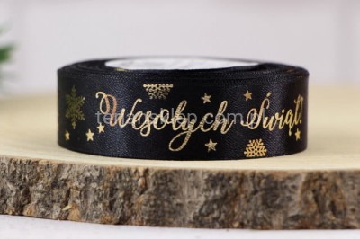 Taśma satynowa Wesołych Świąt metalic 25 mm x 18 mb  black/gold