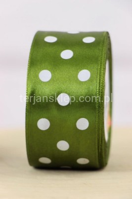 Taśma satyna kropki 3,8 cm x 20Y dark olive green