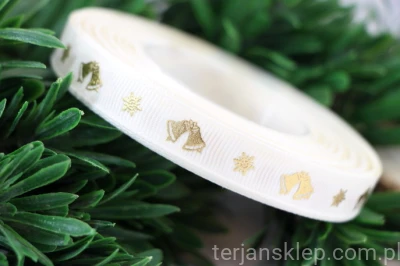 Taśma rypsowa 1,2cm x 20Y z dzwonkami cream/gold