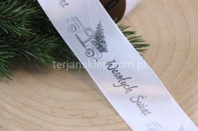 Taśma satynowa Wesołych Świąt AUTO 38 mm x 20 y white/silver