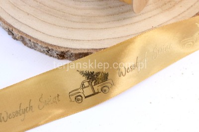 Taśma satynowa Wesołych Świąt AUTO 38 mm x 20 y gold/gold
