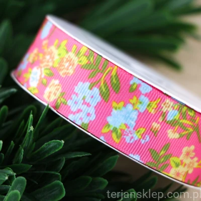 Taśma rypsowa 2,5cm x 9,1 mb WRKW25 KWIATKI pink #M04